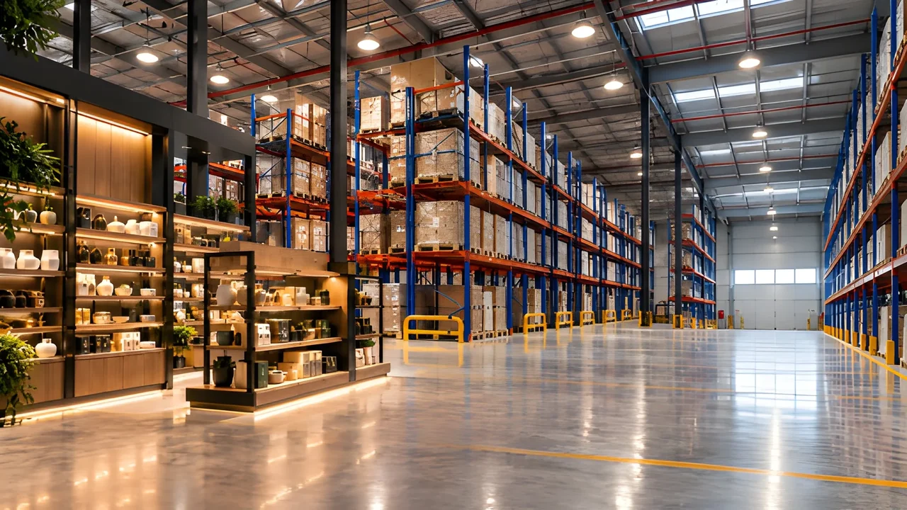 Illustrative warehouse shelves with organized stock